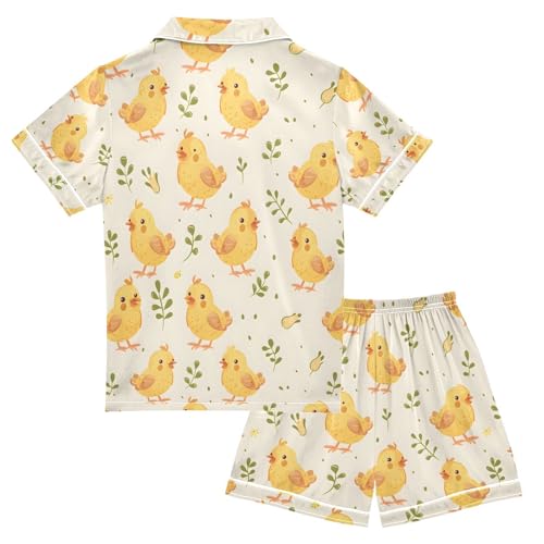 ALAZA Cartoon Chick Leaves Pajamas Satin Pajama Set Short Sleeve Button Down Sleepwear2