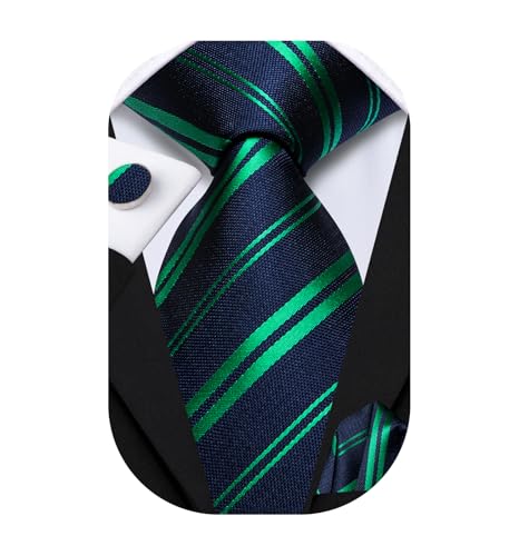 Image of Dubulle Mens Paisley Blue Green Striped Tie and Handkerchief Cufflinks Tie Set for Men Wedding Business Formal