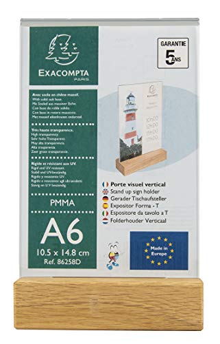 Exacompta 86258D Tischaufsteller mit Holzsockel DIN A6 Hochformat aus hochwertigem Acryl beidseitig verwendbar UV beständig Prospektschild Flyerhalter Tischschild Prospekthalter transparent