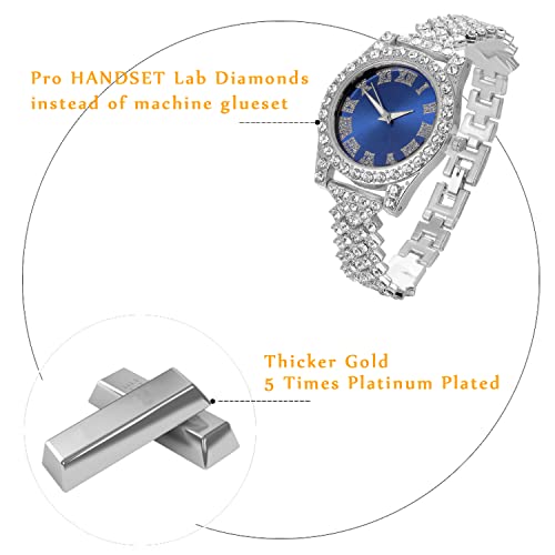 Image of Halukakah Diamonds Gold Watch Iced Out, Kid's 18K Real Gold /Platinum White Gold Plated 36MM Width Green /Blue /Red Dial Quartz Wristband 8 inch with Cuban Link Chain 7 inch+16 inch Bracelet, Free Giftbox