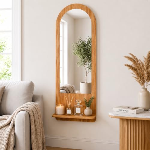 Image of Creative Arts n Frames Full length 15x47 inch Long Wall Mount HD Mirror with Shelf for Bedroom Bathroom Living room Home Office Decor(15x47 inch Framed Mirror with Shelf Arch Natural Iqurel Oak Light)
