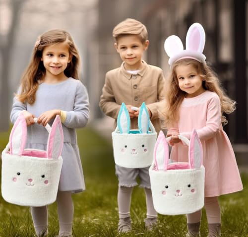 Image of Plush Bunny Basket for Easter Fluffy Easter with with Bunny Ears , Easter Egg Hunts Decorations Candy Gifts Storage (Blue White)