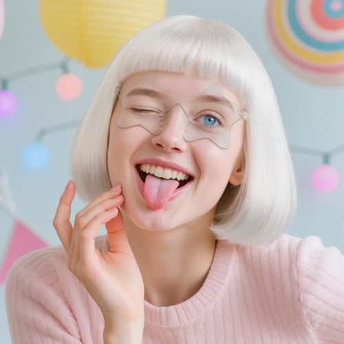 Image of ANOGOL White Bob Wig with Bangs Short White Wigs for Women Funny Costume | Hair Cap+ Sunglasses Short Neon Wig for Bachelorette Party Funny Wigs for Women Halloween Costume Night Club Crazy Hair Day