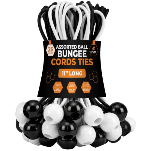 Image of Xpose Safety Bungee Ball Cords 11 inch 25 Pack Heavy Duty Assorted Colors Black and White Stretch Rope with Ball Ties for Canopies, Tarps, Walls, Cable Organization