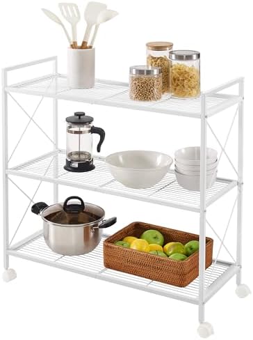 SONGMICS 3-Tier Metal Storage Rack with Wheels, Mesh Shelving Unit with ...