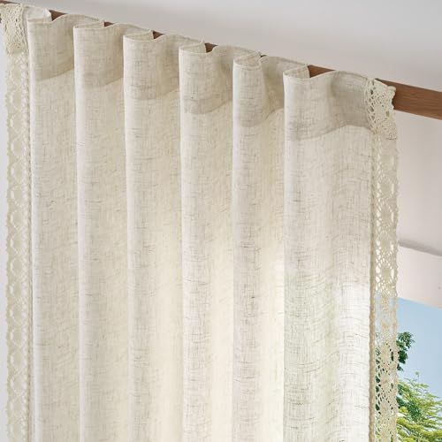 Image of jinchan Linen Curtains with Lace Trim Beige Curtains for Living Room 63 Inch Length Rod Pocket Rustic Farmhouse Curtains Semi Sheer Light Filtering Drapes Bedroom Window Curtain Set 2 Panels