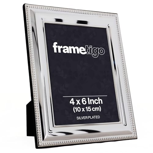 Frametigo - Silver Plated Bead Photo Frame, 4x6 (10x15cm) Photo Size - Velvet Frame Backing & Stand - Real Glass Window - Tarnish Resistant - Landscape or Portrait Orientation