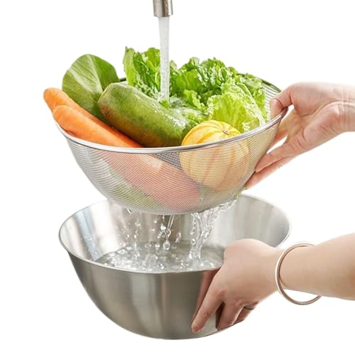 Colador microperforado – Pie de metal | Colandra de cocina con mango | Desagüe de comida de cocina, cesta de malla con tazón de mezcla para pasta cocida, fruta,