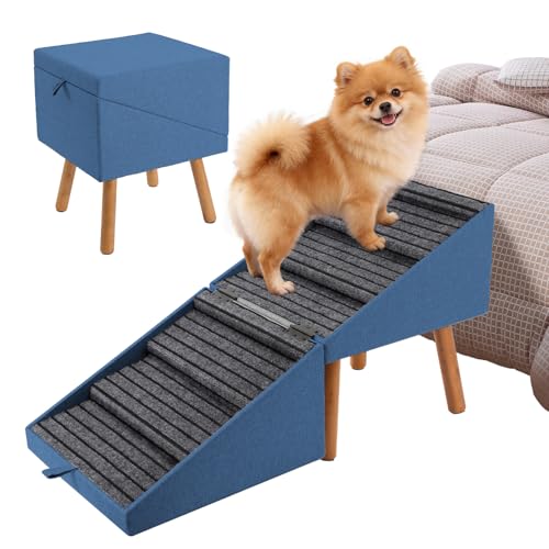 Image of Dog Ramp for Bed & Couch, Dog Stairs 21.06 inches High for Large /Medium /Small Doggie, Foldable 2 in 1 Wooden Pet Steps for Puppy Older and Injured Dogs, Split Ottoman Design, No-Slip Surface