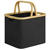 LOVSTORAGE Laundry Hamper with Handle, Black 45 Liters Washing Basket for Laundry with Foldable Handle Laundry Basket for Bedroom Bamboo Bathroom Bin