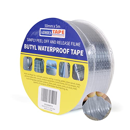 ADHES Butyl Tape Waterproof Tape, 2in x 16ft Aluminum Foil Tape, Butyl Sealant Tape for RV Repair, Window, Boat and Pipe Sealing, Glass & EDPM Rubber Roof Patching(Model:RAY100-2,Glue Color:Grey)
