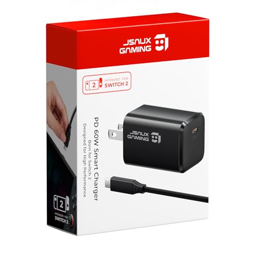 JSAUX 60W USB C Charger for Nintendo Switch 2 Support TV Mode, Portable GaN Charger with 6.6ft Cable, Fast Charging Compatible with Nintendo Switch/ROG Xbox Ally/Steam Deck/ROG Ally/iPhone 17