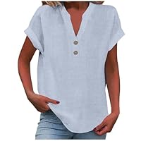 Camicia Donna Elegante in Slub Cotton Top a Maniche Corta con Scollo a V Offerte Blusa Leggero Arioso Camicetta Moda Casual Camicie Morbido Confortevole Maglietta per Vacanze Estive (a4-BU3, S)