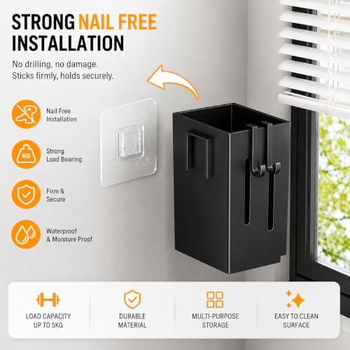 Image of KitchAntiqueWall Mounted 3 Pc Utensil Holder with Hooks | Self Draining Cutlery Organizer, Adhesive Installation | Waterproof Kitchen Spoon Chopstick Storage Rack for Countertop & Wall Use (Black)