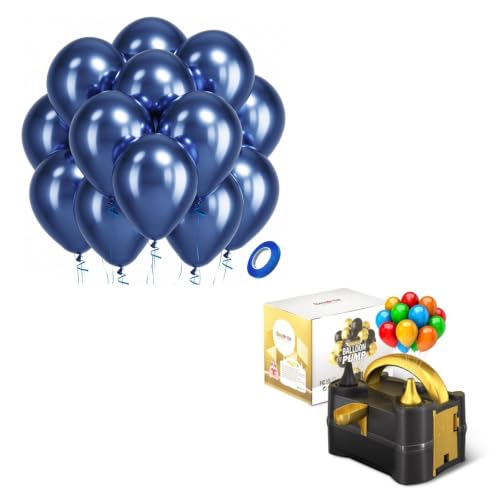 Image of Bezente Metallic Navy Blue Latex Party Balloons - 100 Pack 12 inch Round Helium Chrome Navy Blue Balloons and Electric Balloon Pump