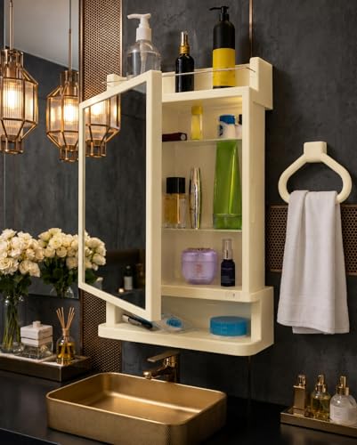 Image of CIPLA PLAST Rich Look Plastic Wall-Mounted Bathroom Mirror Cabinet with Storage Shelves, Single Door, Bathroom Mirror Cabinet with Towel Holder | (Ivory)
