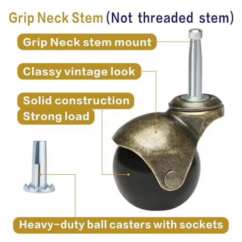 JGJC 2" Antique Brass Casters Heavy Duty 4-Pack | 5/16" × 1-1/2" (8×38mm) Grip Neck Castors with Sleeve Plugs | Vintage Ball Caster Wheels Set of 4 for Wood Furniture Legs, Chairs, Cabinets & Carpet