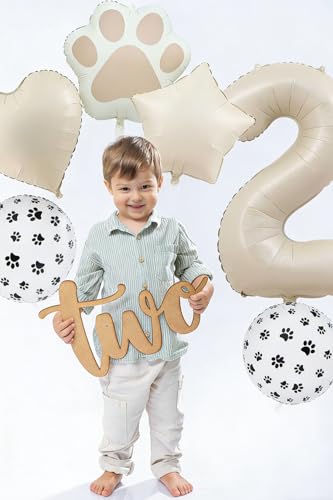 Image of 2nd Birthday Dog Paw Balloons Set,18'' Paw Prints, Heart,Star,Paw Shaped Foil Balloon 40''Cream Number 2 Helium balloons for Puppy Themed Baby Shower Second Birthday Party Decorations Supplies 6PCS