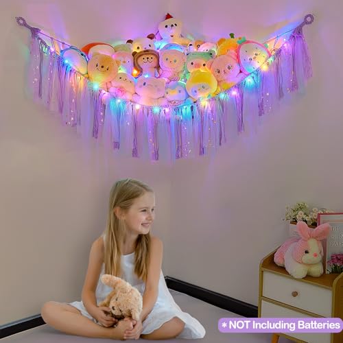 Image of FIOBEE Stuffed Animals Net LED Light Toy Hammock for Kids Bedroom Storage | Stuffed Animals Storage Organizer, Girls Room Decor, Teddy Bear Holder, Space Saving, for Kids Nursery Bedroom Playroom