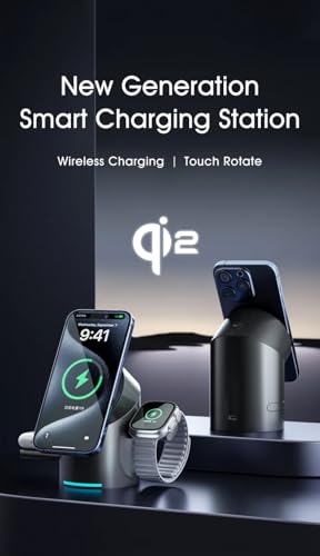 Image of 3 in 1 Charging Station for Apple Devices, Mag-Safe Magnetic Charger Stand, Qi2 15W Auto-Rotating Wireless Charger for iPhone 17 16 /15 /14 /13 /12 Series & AirPods & iWatch (2.0, Amps, UK)