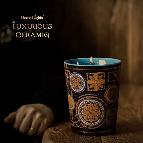 Homelights Scented Candle In Decorative Ceramic Jar Large 32Oz - Beautiful Designs, Black Amber & Ginger Lily, 3 Cotton Wicks, Smokeless Soy Wax, Burns 110 Hours. Ideal For Bedroom, Kitchen, Bath #TOP1
