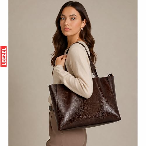 Image of LEEZEL Women's Structured Tote Bag - Large Capacity Work & Travel Purse Croco Pattern Vegan Leather Stylish Tote Bag Classic Everyday Shoulder Bag