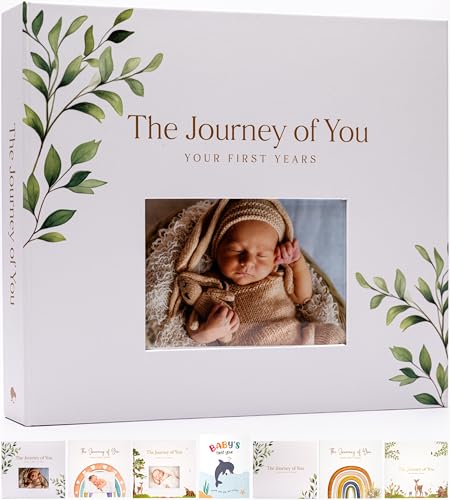 Personalized Baby Memory Book with Photo Cover, 5-Year Milestone Journal, Gender Neutral Keepsake Album, Flat-Lay Pages, FSC Archival Paper, Keepsake Box and Envelope, 108 Pages, Botanical Scrapbook