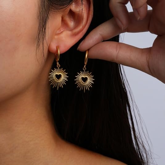 Heart Sunburst Dangle Hoop Earrings, Cute gold Plated Earrings, Fashion Personality Jewelry For Women2