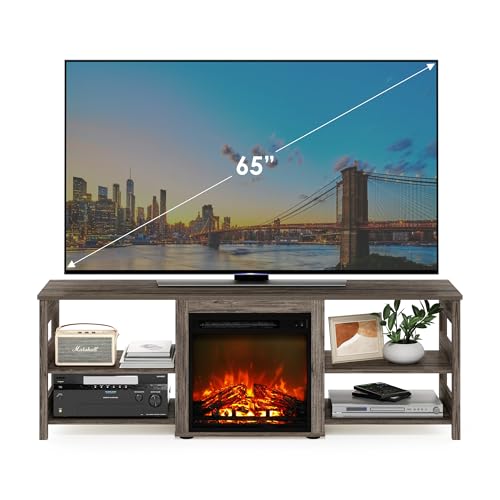 Image of Furinno Classic 70 Inch TV Stand with Fireplace, Rustic Oak