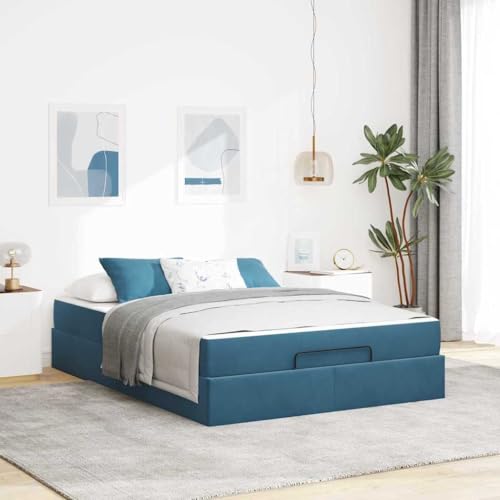 Yunovire Estructura de cama azul de terciopelo de 140 x 200 cm, moderna cama tapizada con colchón, espacio de almacenamiento y cajones, cama doble para dormitorio, marco de madera duradero, diseño