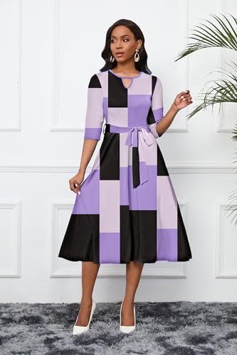 Image of CLOCOR Midi Dresses for Women Casual A-Line Fit and Flare Dress Crewneck 3 /4 Sleeve Keyhole Cocktail Party Church Dress