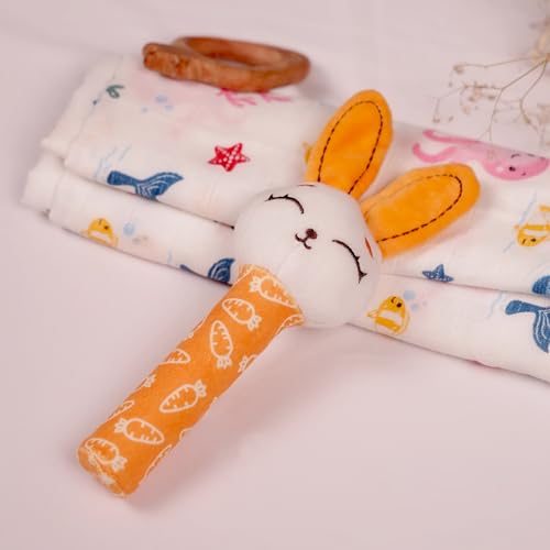 Image of Mirada Soft Plush Bunny Rattle Toy for Babies - 18cm Squeeze Handle with Squeaky Sound | Cute Toddler Toy for Early Skill & Sensory Development - 18cm