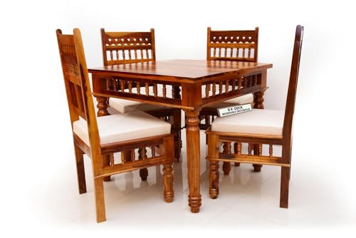 Image of RK Deck Solid Sheesham Wood Traditional Dining Table 4 Seater | Wooden Four Seater Dinning Table | Chairs with Cushion | Dining Room Sets for Restaurants (CNC-Style-02, Honey Finish)