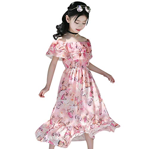 Youmymine Teen Children Girls Off Shoulder Short Sleeve Dresses Toddler Floral Butterfly Ruched Beach Princess Dress (7-8 Years, Pink)