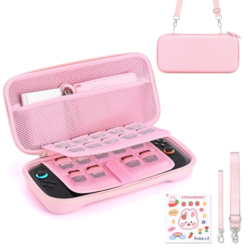 Younik Switch-hoes compatibel met NS Switch 2 (2025), draagtas met 19 kaartvakken, Switch 2 accessoires, inclusief schouderriem, polsband en stickers, roze, Modieus