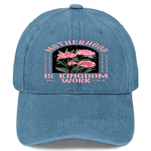 Motherhood is Kingdom Work Floral Christian Mom Hats for Men Fashion Washed Cyan Blue