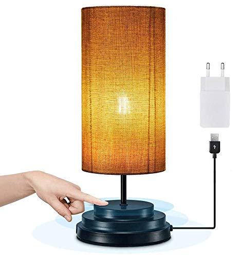 Bonlux Dimmable 4W 5V USB LED Lampe de Chevet Tactile, E27 Standard Lampe de Table Abat-jour en Tissu Design Ronde Vintage Ambiance Lampe pour Chambre Bureau Salon Hotêl Café (Blanc Chaud)