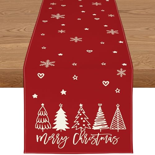 YCOLL Christmas Decorations Xmas Table Runner Red Water Resistant Christmas Table Runners for Dining Table, Winter Table Runner for Kitchen Christmas Decorations, Indoor & Outdoor Table Décor