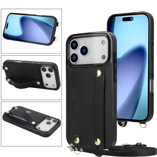 CCSmall for Apple iPhone 17 Pro Max Crossbody Case with Card Holder, PU Leather Shockproof Protective Case with Adjustable Lanyard & Wristband Kickstand for iPhone 17 Pro Max -KB Black by CCSmall - Used condition - Image 4