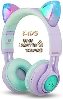 Riwbox Kids Headphones, CT-7S Cat Ear Bluetooth Headphones Volume Limiting 85dB,LED Light Up Kids Wireless Headphones Over Ear with Microphone for iPhone/iPad/Laptop/PC/TV (Purple&Green)