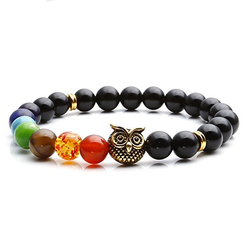 Top Plaza 7 Chakra Stone Bead Bracelet Lava Rock Stone Diffuser Bracelet Reiki Healing Crystals Yoga Meditation Anxiety Stretch Bracelets Owl Gifts for Women Men - Black Agate Onyx