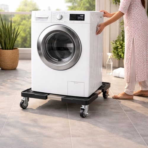 Image of DecorTwist Washing Machine Stand with Wheels | Adjustable Fridge Stand Double Door | Anti Vibration Trolley for 6kg 7kg 8kg Machines | Heavy Duty Movable Cooler Stand | Lockable Wheels