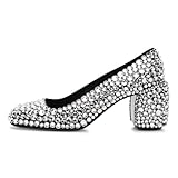 Maiyang Women Studded Sparkling Rhinestone Slip on Pumps Square Toe Special Block Chunky Mid Heels Wedding Party Event Dressy Shoes Size 6 Black