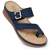 TEMOFON Flip Flops for Women Summer: Arch Support Comfortable Walking - Dressy Wedge Sandals Slip on - Navy Blue Orthopedic Sandals Size 10