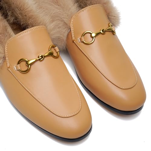Image of Vertundy Tan Loafers Brown Fur Loafers for Women Low Heel Flats Loafers