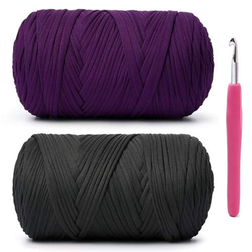 Image of 2 Pack Soft Tshirt Crochet Yarn, 800g /228yds High Elastic Hand Knitting Yarns, Thick T Shirt Yarn for Crocheting Bags, Baskets, Cushions, DIY Crafts(Violet + Carbon Black