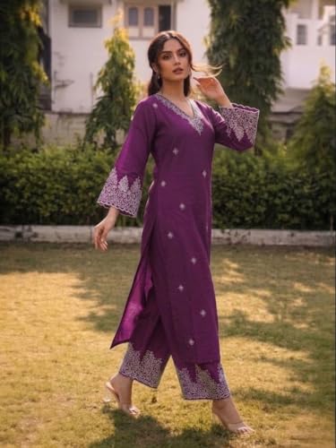 Image of SHIENZY Women's Embroidered Kurta Pant Set with Dupatta | Straight Kurta Set for Women | Ethnic Kurta Set for Women, Traditional Indian Kurta Pant Dupatta Set