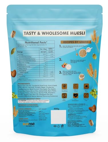 Image of Unifit Fruits, Nuts & Seeds Muesli | High Fiber & Protein-Rich | No Added Sugar | Healthy Breakfast Cereal | 400g Pack