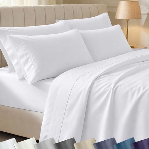 California Design Den 6 Pc Queen Size Sheet Set with 4 Pillowcases - Soft 400 Thread Count 100% Cotton Sheets, Sateen, Deep Pockets with All Around Elastic, Durable Bedding Set - White