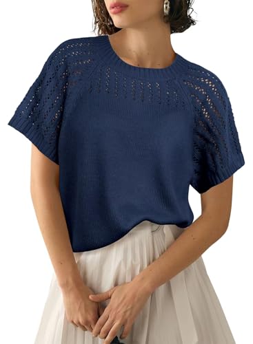 Womens Summer Short Sleeve Sweaters Lightweight Sweater Knit Tops Shirts Solid Hollow Out Blouses 2025